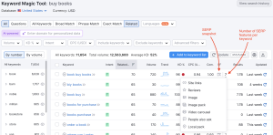 A screenshot of the SEMrush keyword research feature.