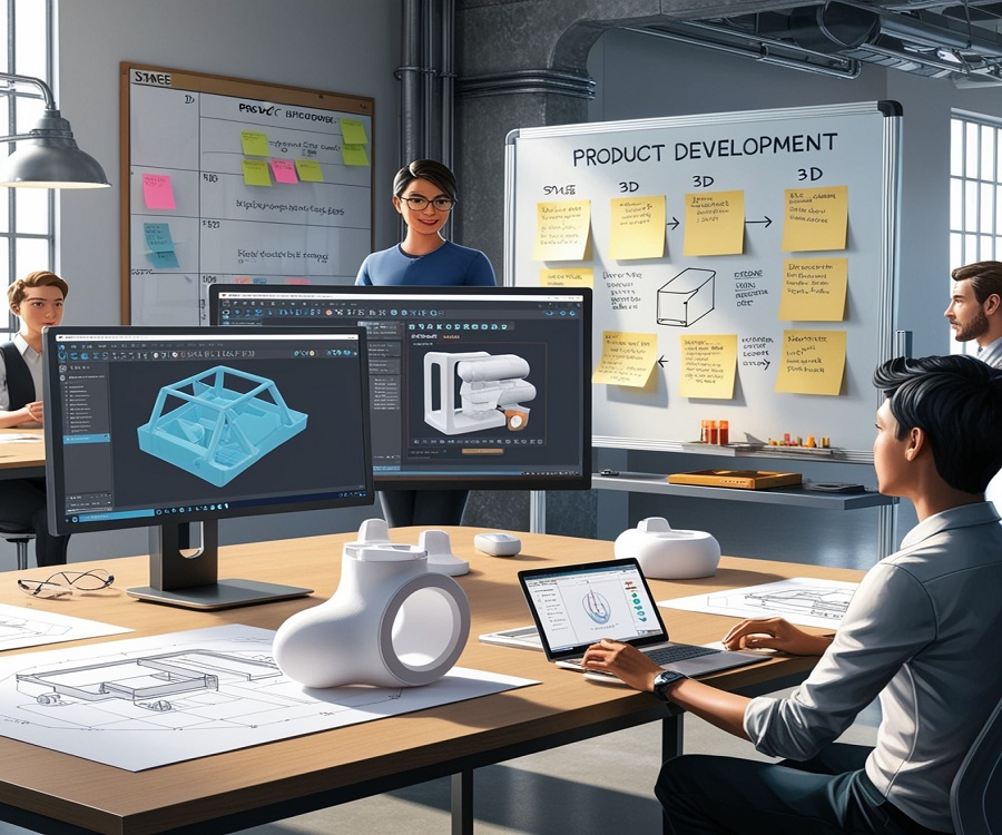 Product development process – An infographic showing the stages from concept to launch.